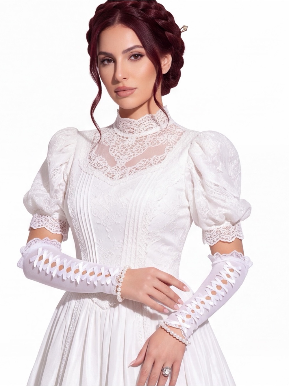 White Mesh Cut Out Silk Bows Ruffle Arm Sleeves Bridal Fingerless Gloves
